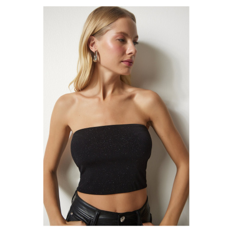 Happiness İstanbul Women's Black Silvery Strapless Crop Blouse
