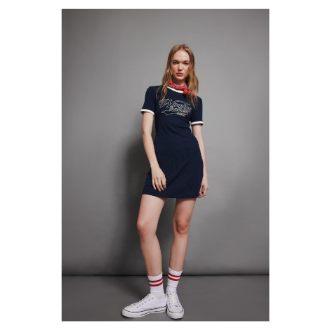 DEFACTO Coool Bodycon Body-fitting Crew Neck Printed Ribbed Camisole Short Sleeve Mini Black Dre