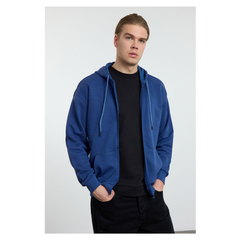 Trendyol Indigo Oversize/Wide Cut Hooded Zippered Thick Basic Sweatshirt-Cardigan