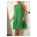 armonika Women's Green Linen Look Textured Sleeveless Dress with Frill Skirt