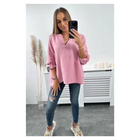 Cotton blouse with rolled-up sleeves dark pink