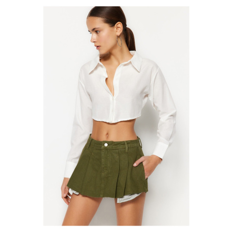 Trendyol Khaki Pleated Mini Denim Shorts Skirt