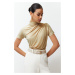 Trendyol Stone Ruffle/Drape Detail Fitted/Fitted Short Sleeve Stand Collar Stretchy Knitted Blou