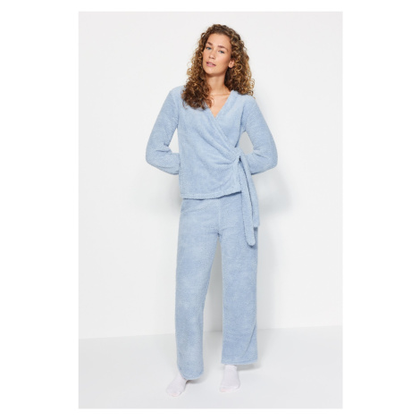 Trendyol Light Blue Double Breasted Collar Wellsoft Winter Knitted Pajamas Set