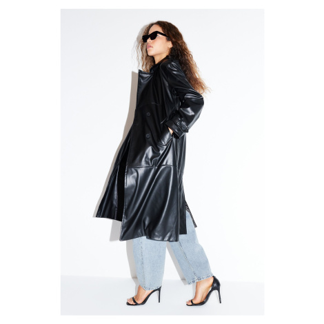 Trendyol Black Belted Faux Leather Trench Coat