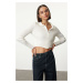 Trendyol Ecru Crop Zippered Knitwear Cardigan