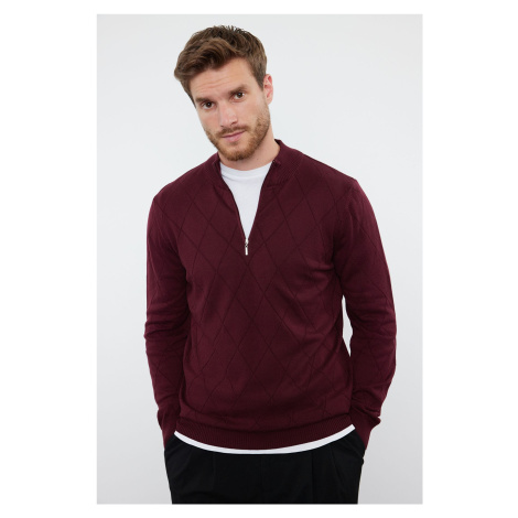 Trendyol Claret Red Slim Fit Cotton Half Turtleneck Zippered Collar Smart Knitwear Sweater