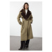 Trendyol Light Khaki Regular Collar Plush Detail Belted Trench Coat