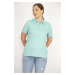 Şans Women's Green Plus Size Polo Collar Front Pat Buttoned Camisole Fabric Short Sleeve Blouse