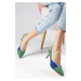 Mio Gusto Ruby Green And Sax Color Suede Women's Short Heeled Shoes.