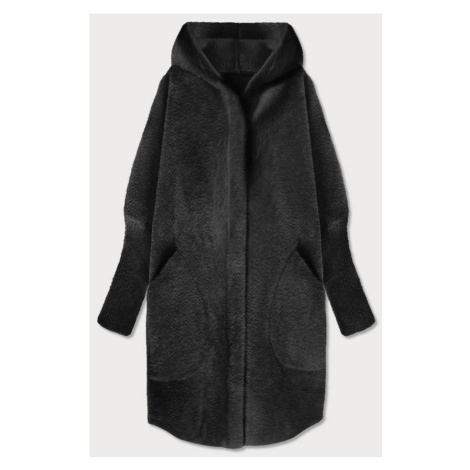 Dlhý čierny vlnený prehoz cez oblečenie typu "alpaka" s kapucňou (908) Made in Italy