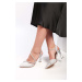 Shoeberry Women's Silvy Silver Satin Stone Heeled Shoes