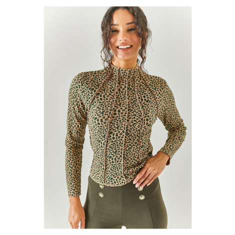 Olalook Dámsky leopardí zelený patchwork vysoký golier lycra crop top