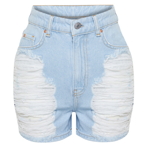 Trendyol Light Blue Ripped High Waist Mini Denim Shorts & Bermuda