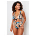 Trendyol Curve Blue Tie Detailed Floral Patterned Swimsuit