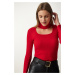 Happiness İstanbul Women's Red Cut Out Detailed Turtleneck Corded Knitted Blouse
