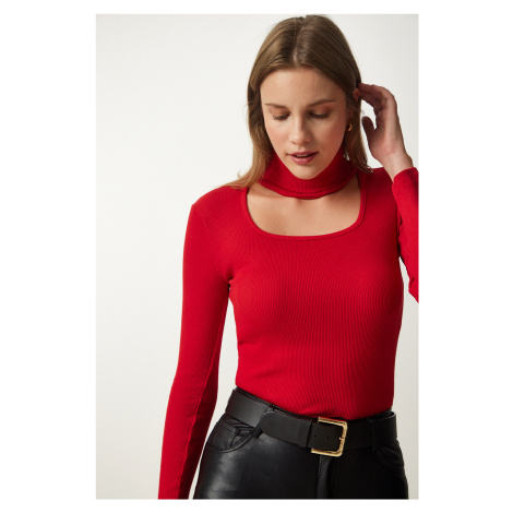 Happiness İstanbul Women's Red Cut Out Detailed Turtleneck Ribbed Knitted Blouse