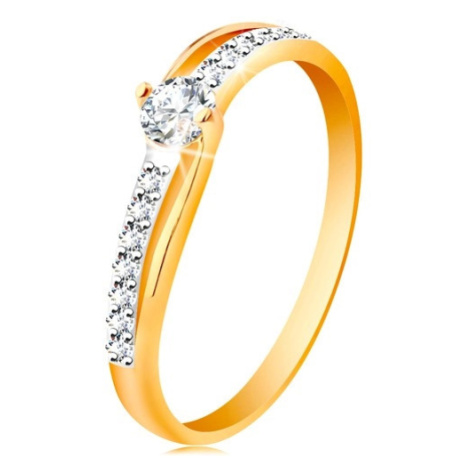 Zlatý prsteň 585 s rozdelenými dvojfarebnými ramenami, číre zirkóny - Veľkosť: 50 mm