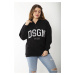 Şans Women's Plus Size Black Inner Raising Front Pat Zipper Embroidered Sweatshirt