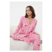 Trendyol Pink-Multicolored Heart-shaped New Year's Themed Piping Detailed Woven Pajama Set