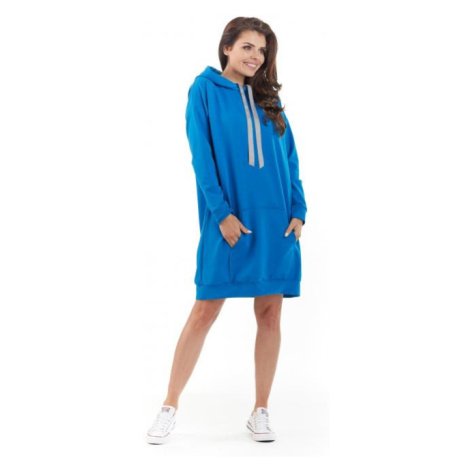 Modré mikinové šaty s kapucňou pre dámy