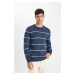 DEFACTO Men's Dark Blue Standard Fit Regular Cut Crew Neck Striped Basic Knitwear Sweater