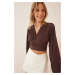 Happiness İstanbul Women's Brown Deep V Neck Crop Sandy Knitted