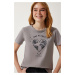 Happiness İstanbul Women's Gray Printed Knitted T-Shirt