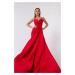 Lafaba Dámske červené dlhé saténové večerné šaty s ramienkami, maturitné šaty