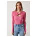 Happiness İstanbul Women's Pink Cut Out Detailed Ribbed Knitted Blouse