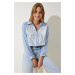 Happiness İstanbul Women's Blue Ecru Scalloped Linen Crop Shirt