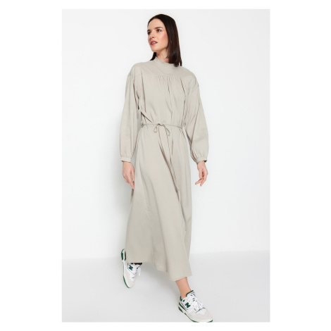 Trendyol Gray Belted Gathered Detailed Wide Fit Woven Dress