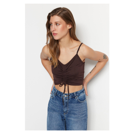 Trendyol Brown Knitted Blouse with Shirring Detail, Fitted/Skinned V-Neck and Crop