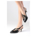 Mio Gusto Naomi Black Color Patent Leather Open Back Band Detail Short Heel Women's Shoes