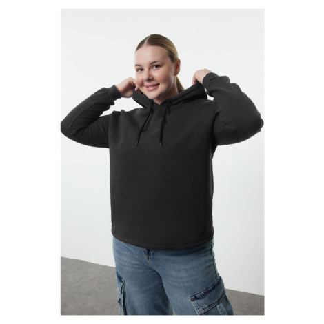 Trendyol Curve Black Regular Fit Hooded Polar Fleece Inside Knitted Plus Size Sweatshirt