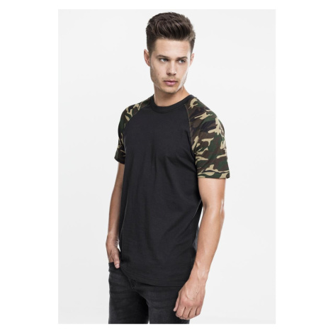 Raglan tričko s kontrastnými čiernymi/woodcamo rukávmi Urban Classics