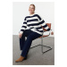 Trendyol Curve Ecru Navy Blue Striped Destroy Detailed Knitwear Sweater