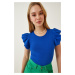 Happiness İstanbul Women's Vibrant Blue Ruffles Ribbed Knitted Blouse
