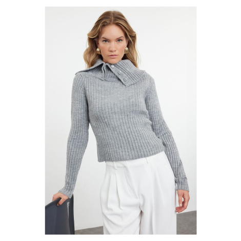 Trendyol Gray Soft Texture Crop Boat Neck Detailed Knitwear Sweater