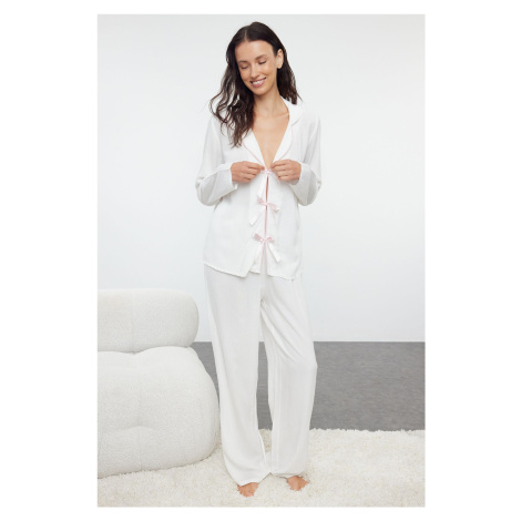 Trendyol Ecru Ribbon/Bow and Piping Detailed Viscose Woven Pajama Set