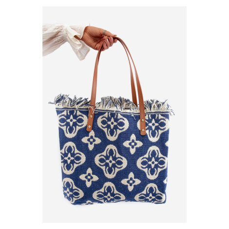 Patterned Large Woven Beach Bag Navy Blue Sadhara