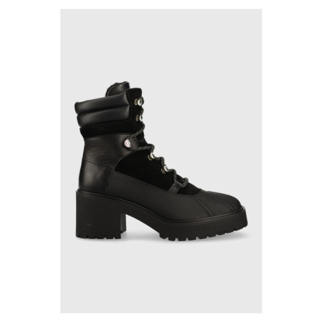 Kožené členkové topánky Tommy Hilfiger Heel Laced Outdoor Boot dámske, čierna farba, na podpätku