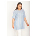 Şans Women's Plus Size Blue Glittery Crew Neck Chest Pocket Short Sleeve Tunic