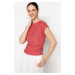 Trendyol Basic Crew Neck Ruffled Knitted Blouse with Dusty Rose Gather Detail