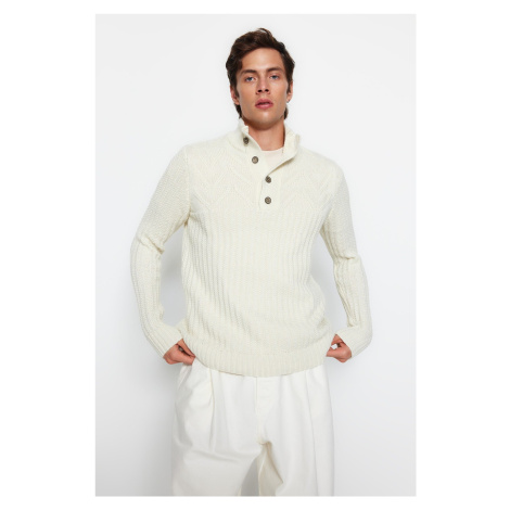 Trendyol Ecru Men's Slim Fit Half Turtleneck Buttons Knitwear Sweater