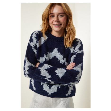 Happiness İstanbul Women's Navy Blue Patterned Knitwear Sweater