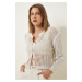 Happiness İstanbul Women's Cream Sparkle Openwork Seasonal Crop Knitwear Cardigan