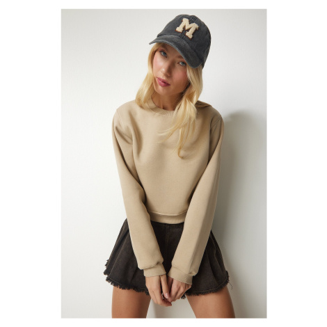 Happiness İstanbul Women's Beige Raised Crop Sweatshirt