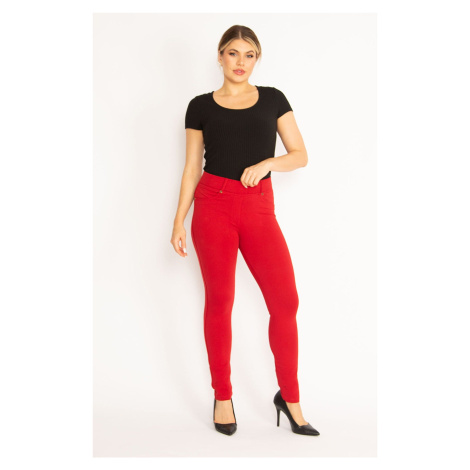 Şans Women's Plus Size Red Leggings With Trims And Back Pockets