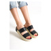 Capone Outfitters Capone Double-Stripes with Colorful Detailed Wedge Heels Women's Black Slipper